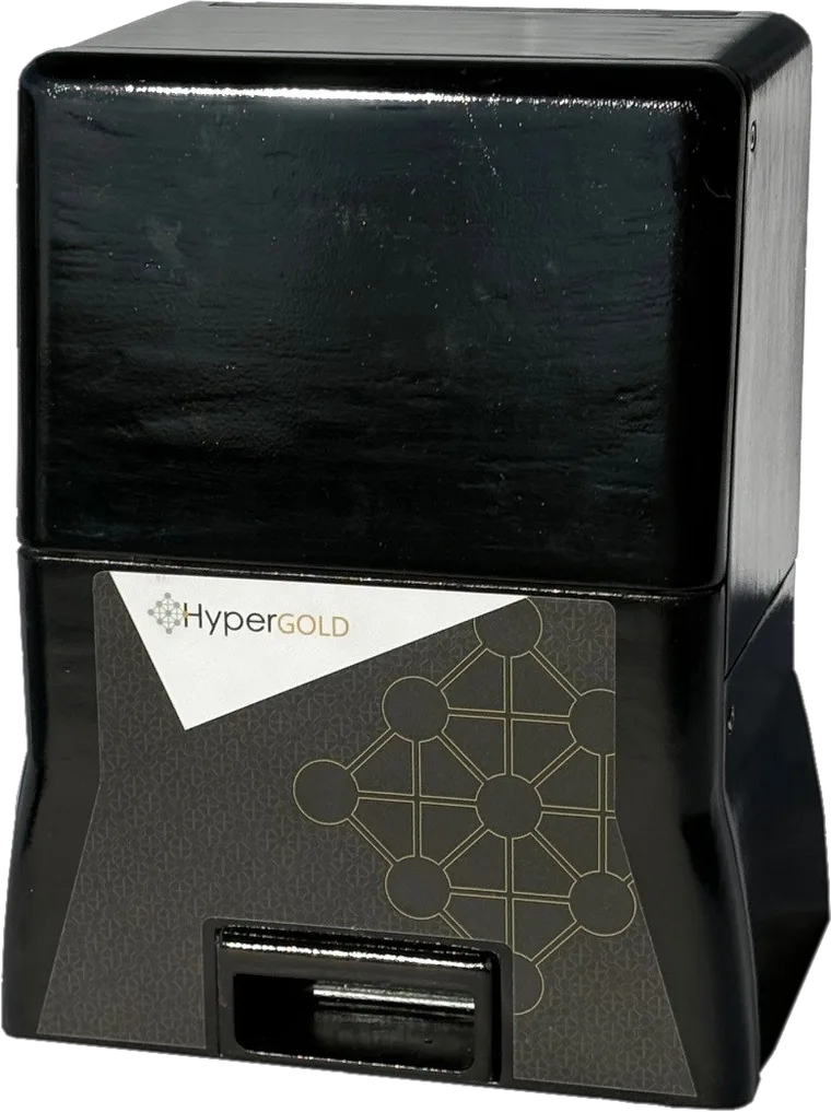 The HyperGOLD field gold-detection device, a compact black enclosure with the HyperGOLD crystal-lattice badge